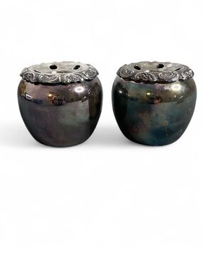 Baroque by Wallace Silver Plate Pair Candle Holders Flower Frogs Tarnished